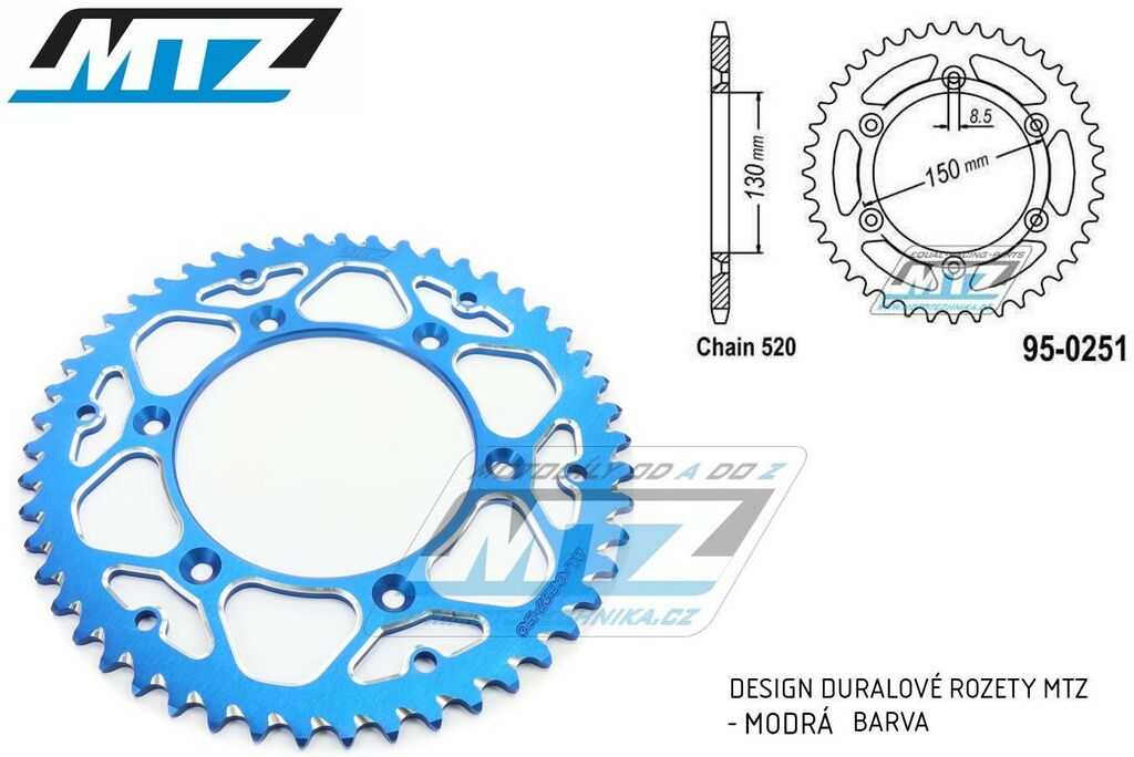 Obrázek produktu Rozeta řetězová (převodník) 0251-47zubů MTZ ALU modrá - Yamaha YZ125+YZ250 + YZF250+YZF400+YZF426+YZF450+YZF450X + WRF250+WRF400+WRF426+WRF450 + TTR230 + Honda XR250+XR350+XR500 + XL250+XL400+XL500 AL-0251-47-E3