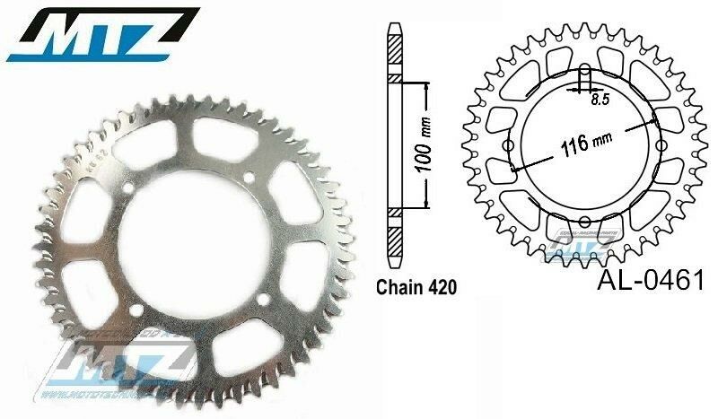 Obrázek produktu Rozeta řetězová (převodník) Dural 0461-52zubů MTZ stříbrná - Kawasaki KX80 / 86-00 + KX85 / 01-20 + KX100 / 95-21 AL-0461-52
