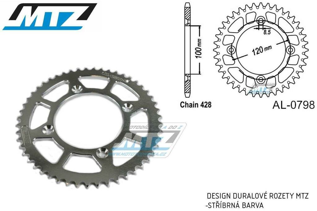 Obrázek produktu Rozeta řetězová (převodník) Dural 0798-51zubů MTZ stříbrná - Suzuki RM80 / 83-01 + RM85 / 02-20 + Yamaha YZ80 / 93-01 + YZ85 / 02-20 + Beta RR125 / 06-12 AL-0798-51