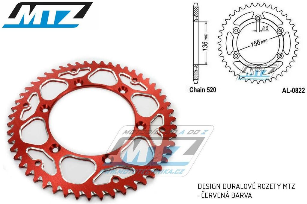 Obrázek produktu Rozeta řetězová (převodník) Dural 0822-52zubů MTZ červená - Husqvarna CR+WR+TC+TE+WRE+TXC+SM+SMR + Suzuki DR350+DRZ400 + Cagiva WMX + Gas-Gas EC+ECF+XC+Ranger + Beta RR + Sherco SE+SEF + Rieju MR+XC+R AL-0822-52-E4