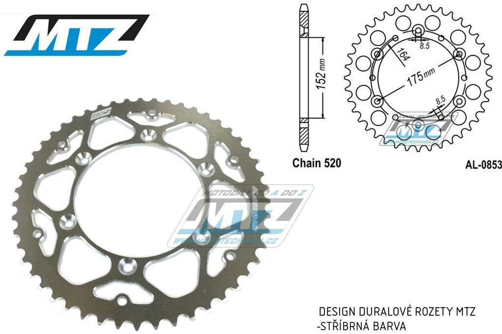Obrázek produktu Rozeta řetězová (převodník) Dural 0853-52zubů MTZ stříbrná - Yamaha YZ100+YZ125+YZ250 +YZ465+YZ490+DT200R+ SR500+IT175+IT200+IT250+IT400+IT465+IT490+TT350 + WR125 +WR250+WR400+WR500+YFM350X Warrior+YF AL-0853-52