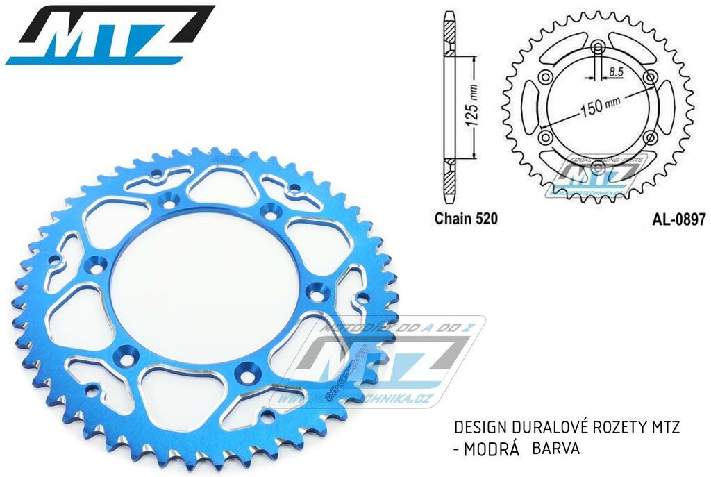 Obrázek produktu Rozeta řetězová (převodník) Dural 0897-50zubů MTZ modrá - KTM 125SX+250SXF+ 360EXC+400EXCF+300XC+450XCF+440MX+790 Adventure+620 EGS+690 Duke+125LC2+ 350LC4+525SMR+690SMC + Husaberg TE250+FC350+FE450+F AL-0897-50-E3