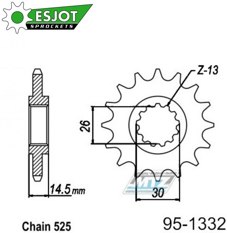 Obrázek produktu Kolečko řetězové (pastorek) 1332-16zubů ESJOT 50-29012-16 - Honda CB750F + CB750 Nighthawk + RVF750R + VFR800F Interceptor + VFR800X Crossrunner + CB1000R 95-1332-16-ES