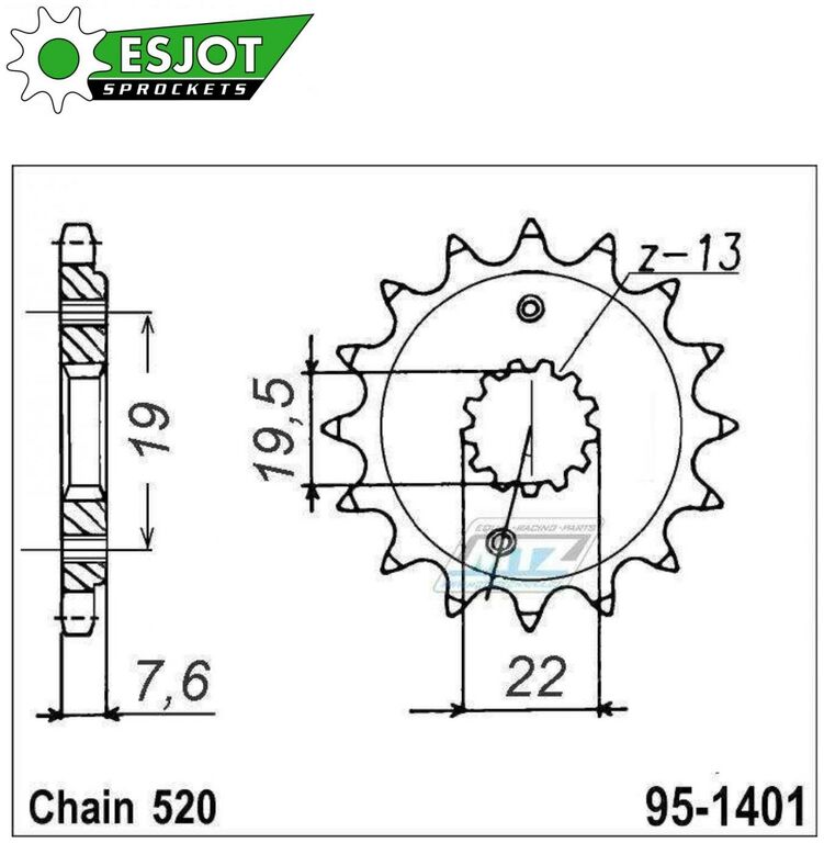 Obrázek produktu Kolečko řetězové (pastorek) 1401-16zubů ESJOT 50-32122-16 - Kawasaki KSF400 + Suzuki LTZ400 Quadsport + LTR450 Quadracer 95-1401-16-ES