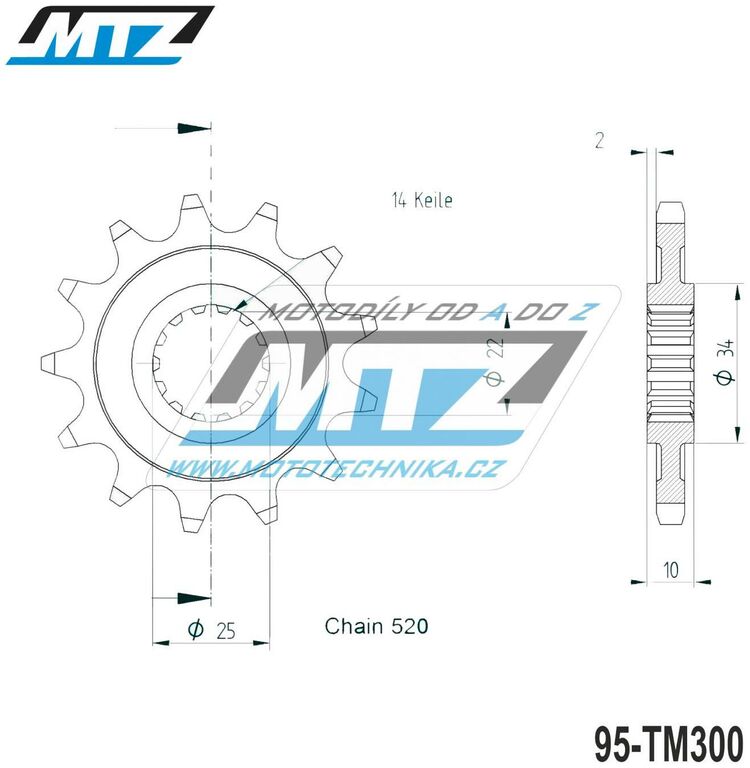 Obrázek produktu Kolečko řetězové (pastorek) TM300-12zubů MTZ - TM MX300+EN250+EN300 / 95-20 + MX250F+EN250F / 01-10 + MX400F+MX450F+MX530F+EN400F+EN450F+EN530F  / 01-20 95-TM300-12