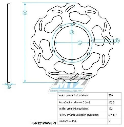 Obrázek produktu Kotouč brzdový (220/122/6D) zubatý desing "Wave" - Honda CR125 / 85-88 + CR250 / 85-88 + CR500 / 86-88 + XR250R K-R121WAVE-N