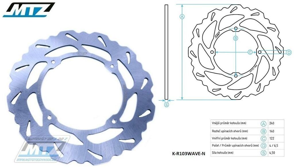 Obrázek produktu Kotouč brzdový MTZ nerezový - zubatý desing Wave - Honda CR125+CR250+CRF250+CRF450 + HM Honda CRE125+CRE-F125+CRE250R+CRE450+CRE-F490X K-R103WAVE-N