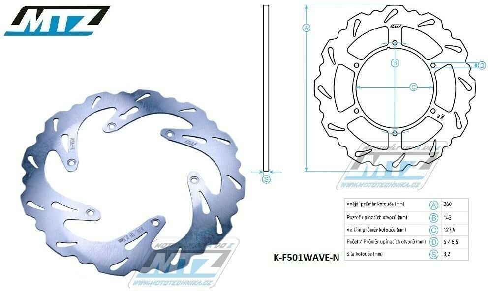 Obrázek produktu Kotouč brzdový MTZ nerezový - zubatý desing Wave - KTM SX+SXF+EXC+EXCF+EXCR+GS+MXC+LC4+SC+SMR+SXS+SXC+XC+XCF+XCW + Husaberg FE+FS+FX+FC+TE + Husqvarna FC+FE+TC+TE K-F501WAVE-N