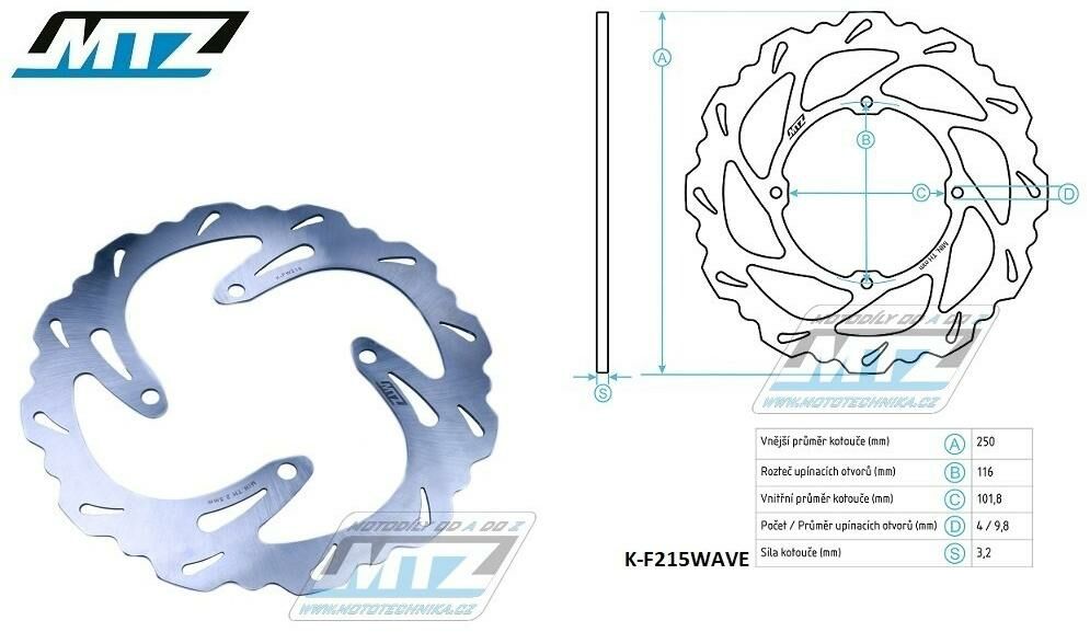 Obrázek produktu Kotouč brzdový MTZ nerezový - zubatý desing Wave - Kawasaki KX125 / 03-05+KX250 / 03-05+KXF250 / 04-05+KDX125 / 90-99+KDX200 / 95-06+KDX220R / 97-05+KLX250 / 06-10 + Suzuki RMZ250 / 04-06 K-F215WAVE-N