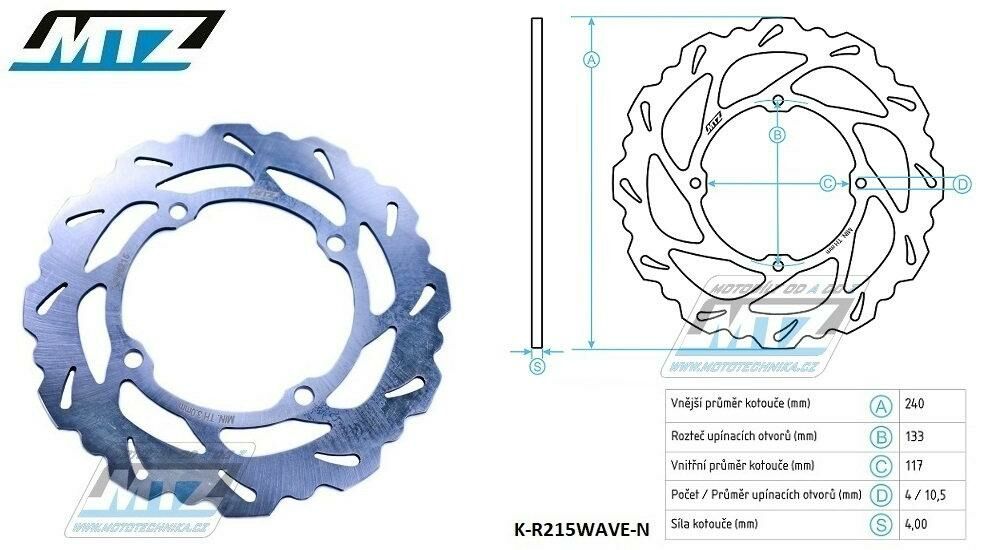 Obrázek produktu Kotouč brzdový MTZ nerezový - zubatý desing Wave - Kawasaki KX125 / 03-08 + KX250 / 03-08 + KXF250 / 04-19+21-24 + KXF450 / 06-18 + KLX450R / 08-21 + Suzuki RMZ250 / 04-06 K-R215WAVE-N