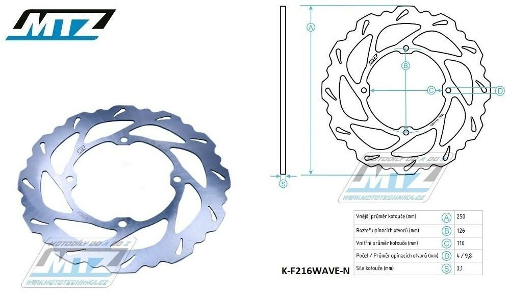 Obrázek produktu Kotouč brzdový MTZ nerezový - zubatý desing Wave - Kawasaki KX125+KX250+KXF250+KXF450 + KLX450 K-F216WAVE-N
