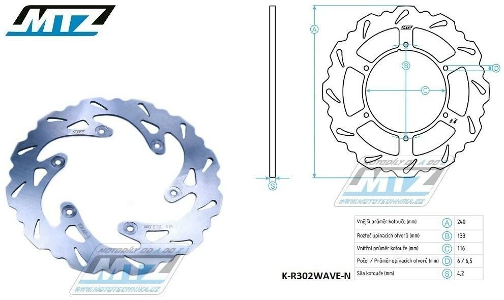Obrázek produktu Kotouč brzdový MTZ nerezový - zubatý desing Wave - Yamaha YZ125 / 99-01 + YZ250 / 99-01 + YZF250 / 01 + YZF400 / 99 + YZF426 / 00-02 + WRF250 / 01 + WRF400 / 99-00 + WRF426 / 01 K-R302WAVE-N