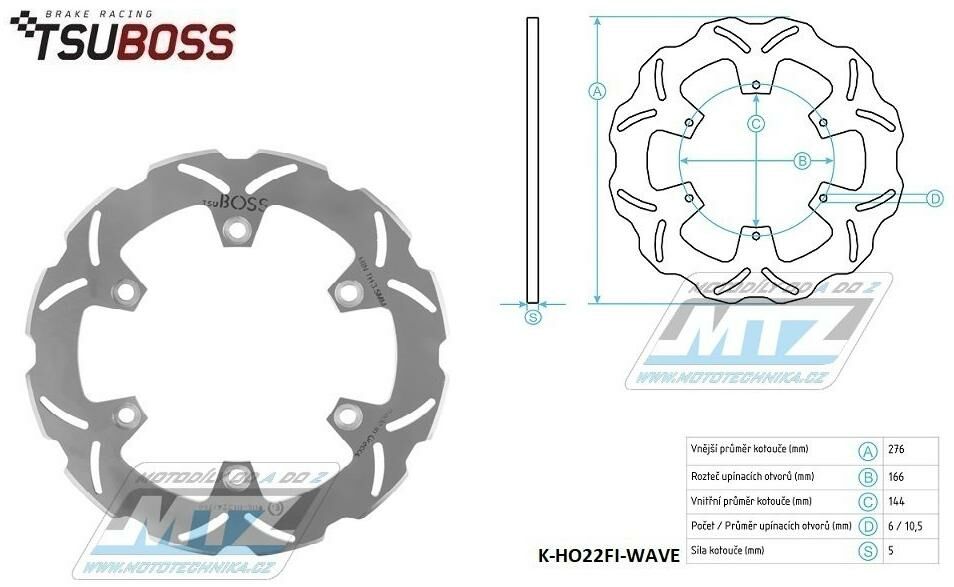 Obrázek produktu Kotouč brzdový (276/144/6D) zubatý desing WAVE - Honda CBR125R / 03-11+ FJS600 SilverWing + Yamaha SRX600 + Triumph Tiger 900 / 93-98 + Daelim VT125+VL125 K-HO22FI-WAVE