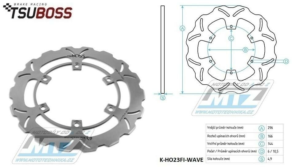 Obrázek produktu Kotouč brzdový (296/144/6D) - zubatý desing WAVE - Honda CB500R+CBF500 + CB750F Seven Fifty / 92-03 + CBF600N+CBF600S + CBR1000F / 87-00 + NT650+NT700+ ST1100+VFR750F + VT750C Shadow+VT750DC Black Wid K-HO23FI-WAVE