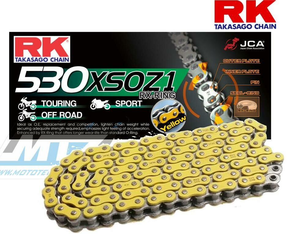 Obrázek produktu Řetěz RK 530 XSO (114čl) - těsněný/ x kroužkový (žlutý) Ř530XSO114NY