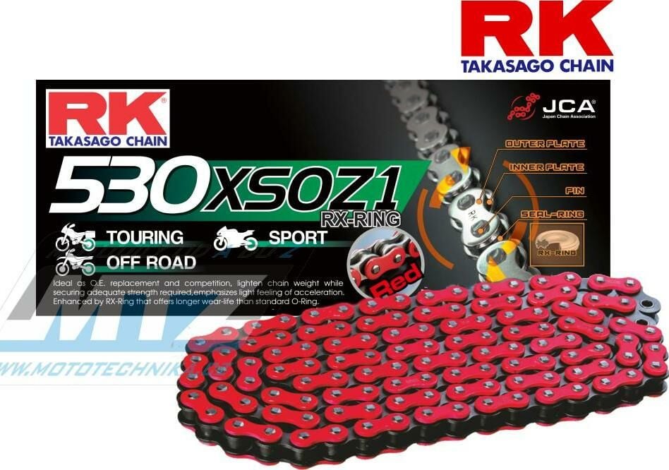 Obrázek produktu Řetěz RK 530 XSO (118čl) - těsněný/ x kroužkový (červený) Ř530XSO118NR