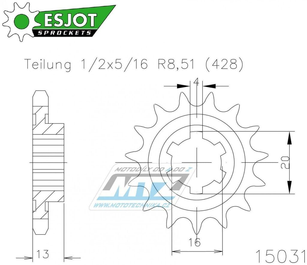 Obrázek produktu Kolečko řetězové (pastorek) 15031-16zubů ESJOT 50-15031-16 - TM MX80+MX85 / 90-24 + MX80 Junior 50-15031-16