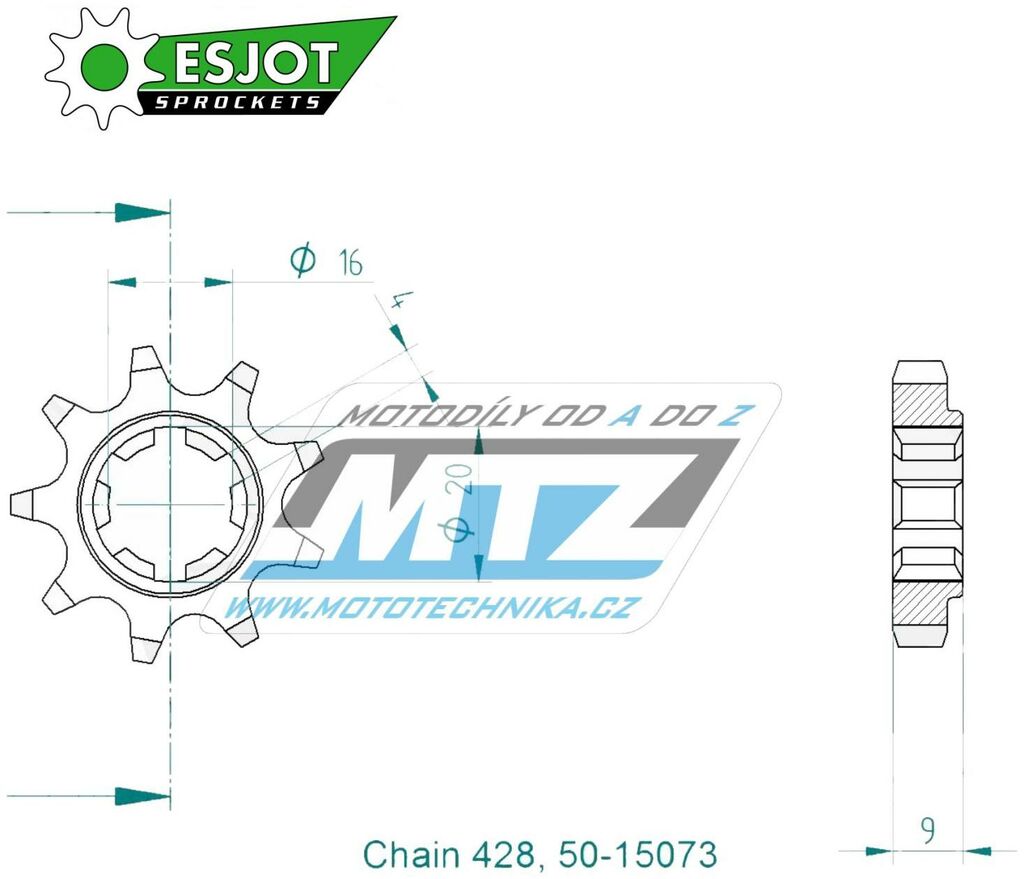 Obrázek produktu Kolečko řetězové (pastorek) 15073-09zubů ESJOT 50-15073-09 - Sherco SY Scorpa125 / 12 50-15073-09