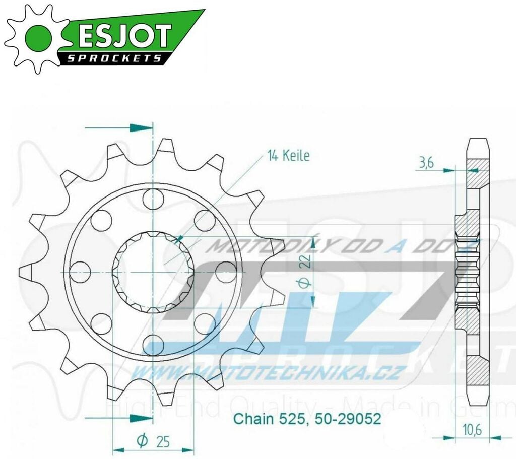 Obrázek produktu Kolečko řetězové (pastorek) 29052-14zubů ESJOT 50-29052-14S - MV Agusta 1000F4 R / 13-19 + 1090 Brutale / 13-18 + 920 Brutale / 11-12 50-29052-14