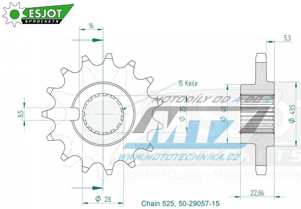 Obrázek produktu Kolečko řetězové (pastorek) 29057-15zubů ESJOT 50-29057-15 - Indian FTR1200 / 19-22 50-29057-15