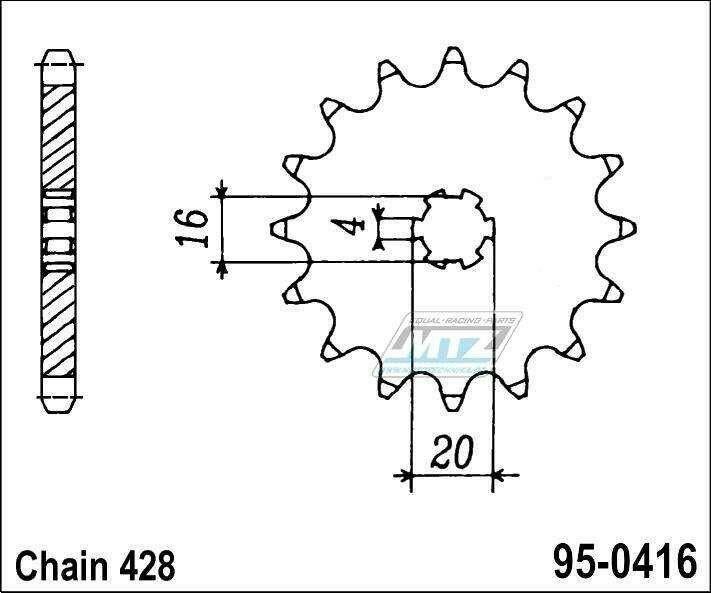 Obrázek produktu Kolečko řetězové (pastorek) 0416-14zubů MTZ - Yamaha DT125 + DT125MX + DT175 + DT175MX + YZ80 + RD125 + RD125DX + RD200DX + RS200 + TY125 + TY175 + Suzuki RM80 + RM85 + RM85L + TS100 + GT125 95-0416-14
