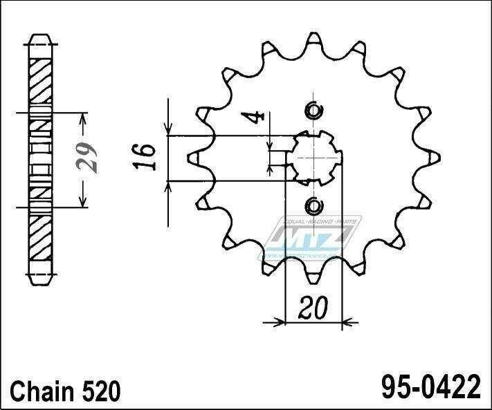 Obrázek produktu Kolečko řetězové (pastorek) 0422-14zubů MTZ - Cagiva 125 Enduro + 125WMX + Kawasaki KX125 + KDX175 + Suzuki DS185 + TC125 + TSR125 + TF185 + TS185 + GT200EX + SB200 + Yamaha YZ100 + YZ125 + BW350 + IT 95-0422-14
