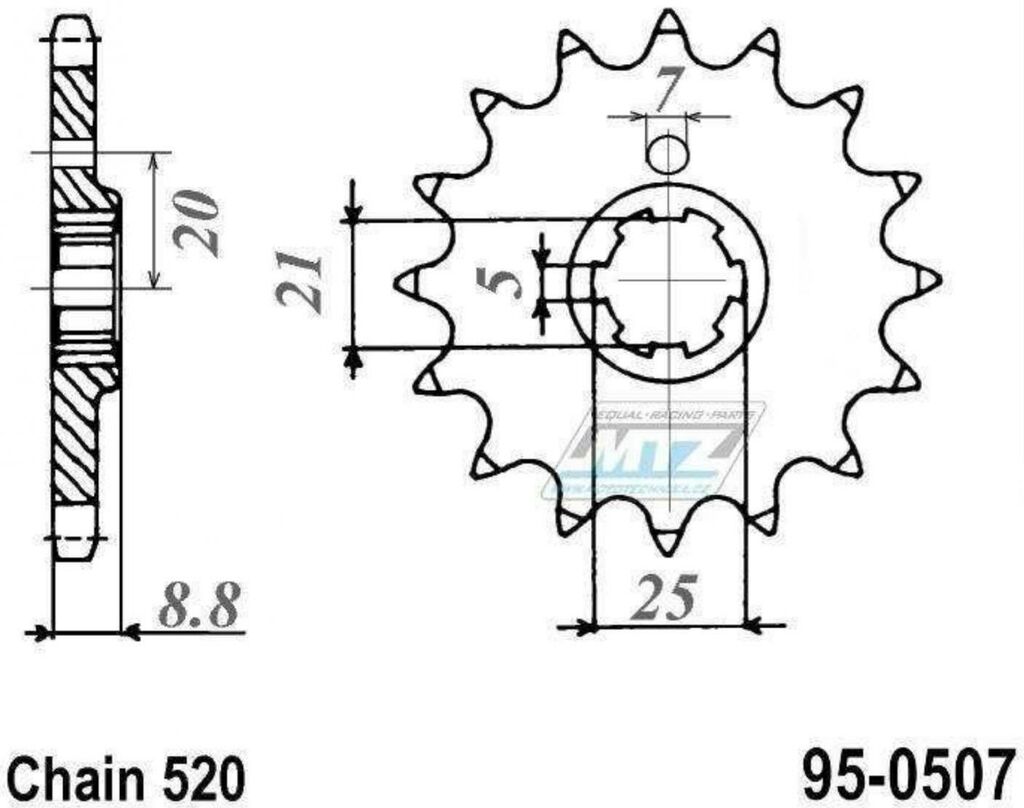 Obrázek produktu Kolečko řetězové (pastorek) 0507-13zubů MTZ - Kawasaki KX250+KX420+KX500 + Kawasaki KDX250+KDX400+KDX450+KE250 + KLT200+KXT250 Tecate + Husqvarna CR250+CR360 + WR250+WR360 + Cagiva WMX250 95-0507-13
