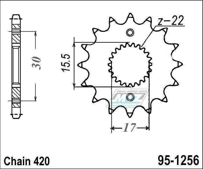 Obrázek produktu Kolečko řetězové (pastorek) 1256-15zubů MTZ - Honda CR80+CR85 / 86-07 + CRF50F+CRF70F / 04-20 + XR50+XR70 95-1256-15