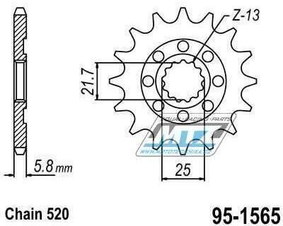 Obrázek produktu Kolečko řetězové (pastorek) 1565-13zubů MTZ - Kawasaki KXF450+KX450 / 06-25 + KX450X + KLX450R 95-1565-13