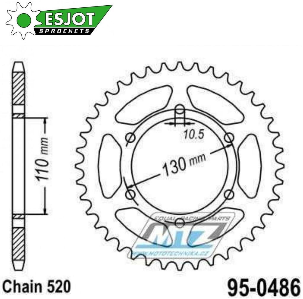 Obrázek produktu Rozeta ocelová (převodník) 0486-43zubů ESJOT 50-32029-43 - Kawasaki KR250A + ZR550B Zephyr + GPX250R + GPZ500S + EX300 Ninja + EX400 Ninja + KLE300B Versys-X + Z400D + Suzuki GSX-R600 + GSX-R1000 + Ya 95-0486-43-ES
