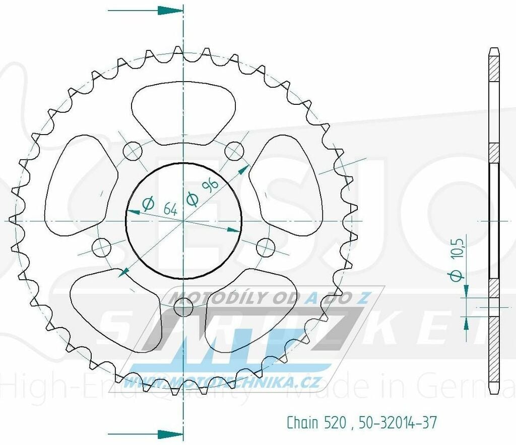 Obrázek produktu Rozeta ocelová (převodník) 0254-37zubů ESJOT 50-32014-37 - Honda CBF250 / 04-06 +XL200R+XR200R / 81-83 + CBX250 Twister 95-0254-37-ES