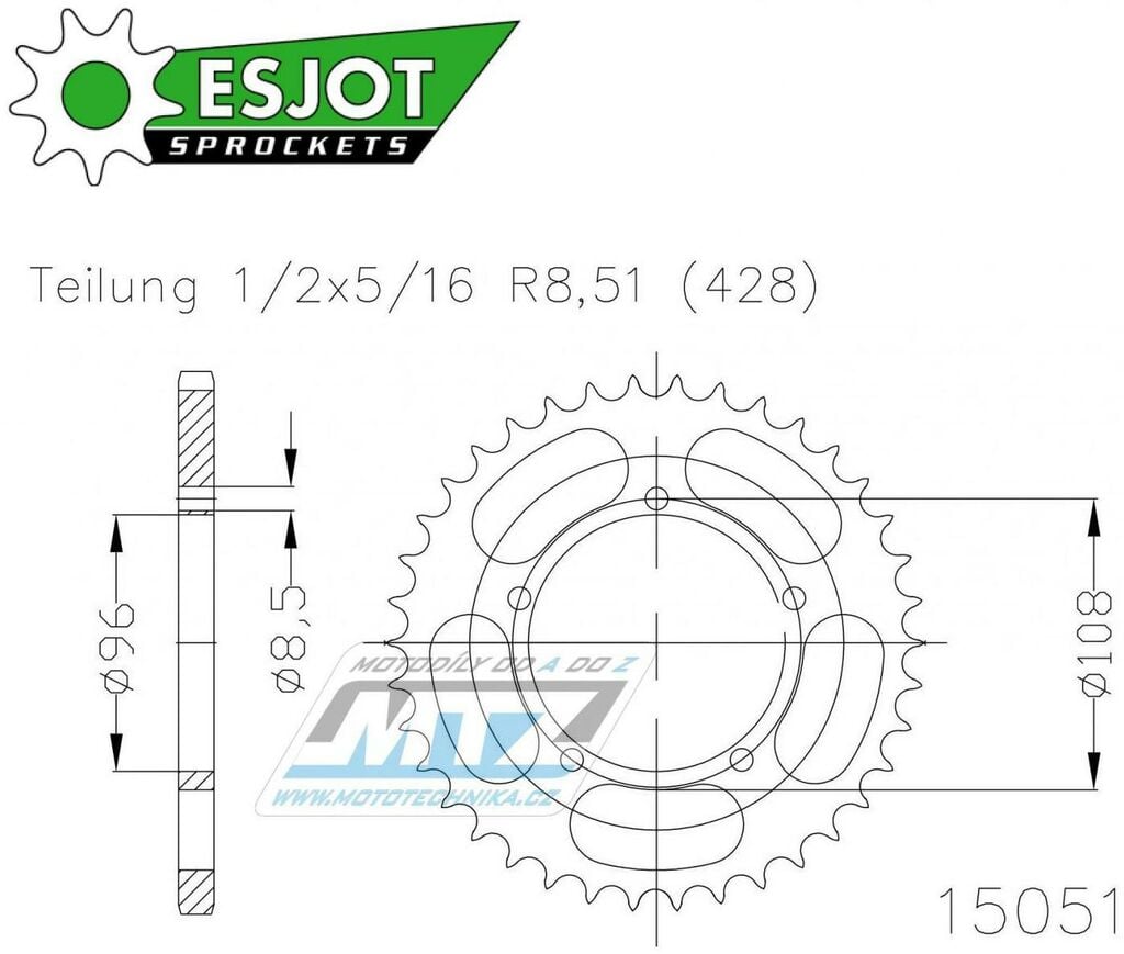 Obrázek produktu Rozeta ocelová (převodník) 15051-52zubů ESJOT 50-15051-52 - MZ 125SM / 01-06 + 125SX / 02-06 50-15051-52