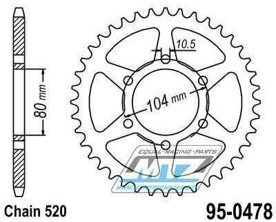Obrázek produktu Rozeta ocelová (převodník) 0478-40zubů MTZ - Kawasaki ZX6R + ZX6RR + Z650 + Z750 + Z750R + ZXR400 + Z800 + EN650 Vulcan-S + EX650 Ninja 650ABS + EX650 Ninja 650SE + KLE650 Versys + KLE650 Versys ABS 95-0478-40