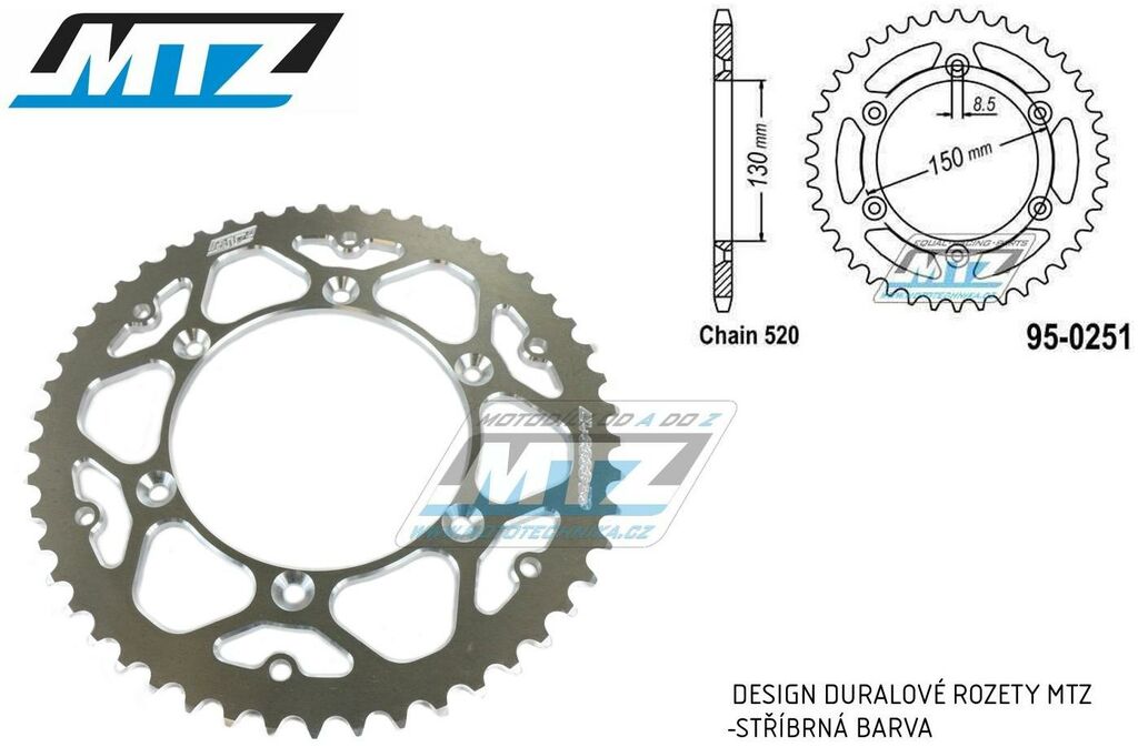 Obrázek produktu Rozeta řetězová (převodník) 0251-51zubů MTZ ALU - Yamaha YZ125+YZ250 + YZF250+YZF400+YZF426+YZF450+YZF450X + WRF250+WRF400+WRF426+WRF450 + TTR230 + Honda XR250+XR350+XR500 + XL250+XL400+XL500 AL-0251-51
