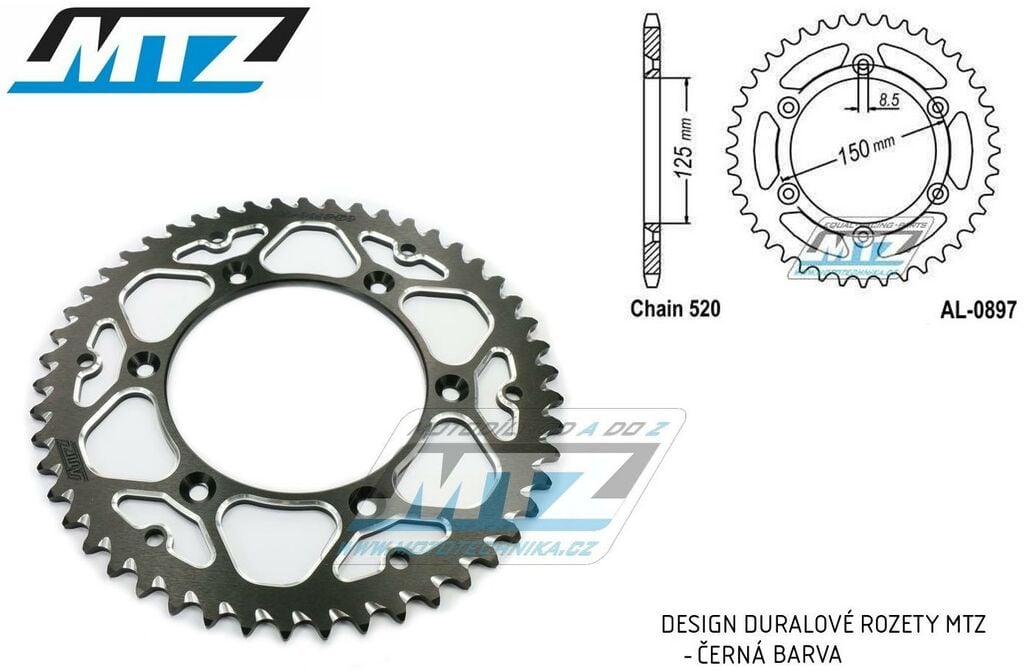 Obrázek produktu Rozeta řetězová (převodník) Dural 0897-51zubů MTZ černá - KTM 125SX+250SXF+ 360EXC+400EXCF+300XC+450XCF+440MX+790 Adventure+620 EGS+690 Duke+125LC2+ 350LC4+525SMR+690SMC + Husaberg TE250+FC350+FE450+F AL-0897-51-E2