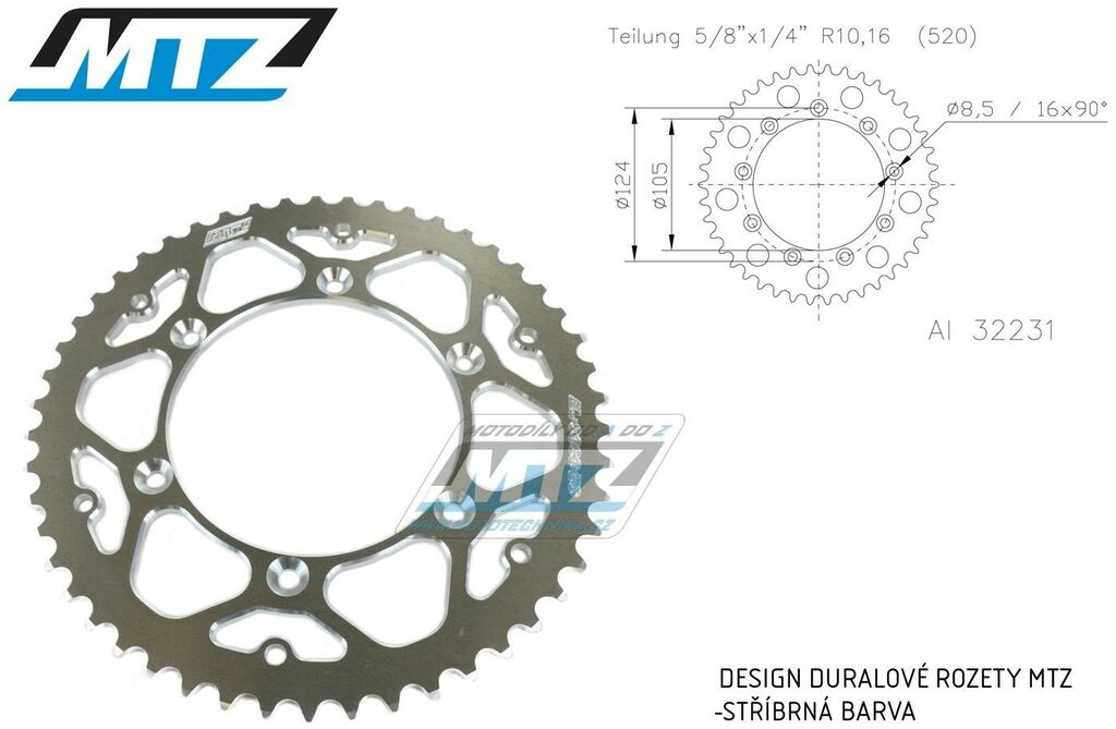 Obrázek produktu Rozeta řetězová (převodník) Dural TM-52zubů MTZ stříbrná - TM MX125+MX144+MX250+MX250F+MX450F+MX530F / 92-22 + EN125+EN144+EN250+EN300+EN250F+EN300F+EN450F+EN530F / 92-22 + MX80 AL-TM-52