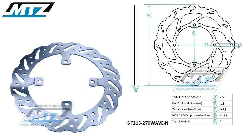 Obrázek produktu Kotouč brzdový MTZ nerezový - zubatý desing Wave (vnější průměr 270mm) - Kawasaki KX125+KX250+KXF250+KXF450 + KLX450 K-F216-270WAV