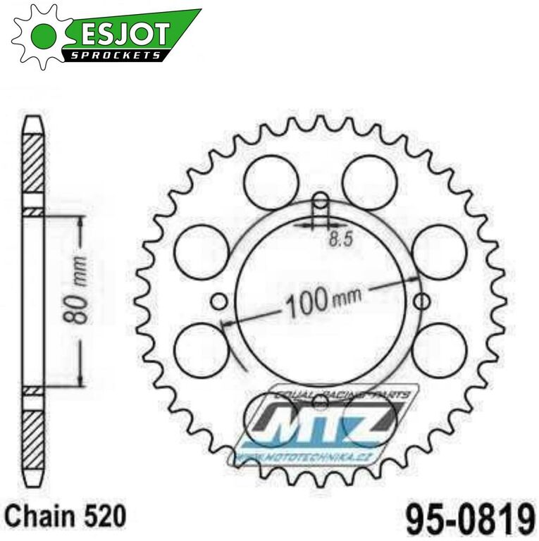 Obrázek produktu Rozeta ocelová (převodník) 0819-41zubů ESJOT 50-32036-41 - Suzuki GN250 All / 82-99 + GT250 (X7) / 79-85 + GZ250 Marauder / 99-00 + GZ250 Marauder / 04-10 + GZ250 / 10-11 + TU250X / 98-00 + TU250X / 0 95-0819/2-41E