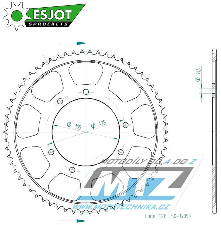 Obrázek produktu Rozeta ocelová (převodník) 15097-62zubů ESJOT 50-15097-62 - Aprilia 125SX+125RX / 18-23 + Mondial 125 HPSi ABS CBS+125i Enduro SMX CBS / 17-21 + Zündapp 125ZXA Anventure+125ZXE Enduro+125ZXM Supermoto 50-15097-62