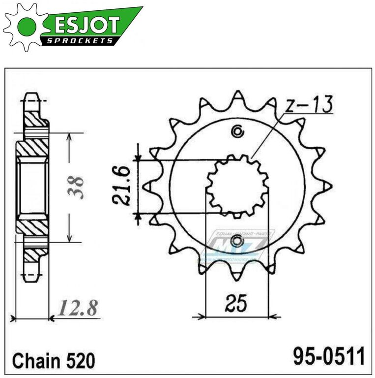 Obrázek produktu Kolečko řetězové (pastorek) 0511-13zubů ESJOT 50-32038-13 - Kawasaki KLX650C+KLX650R + KLR650A+KLR650E+KLR650 Tengai (ej-50-32038) 95-0511-13-ES