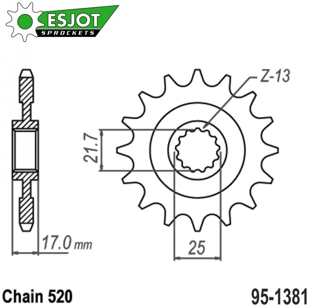 Obrázek produktu Kolečko řetězové (pastorek) 1381-15zubů ESJOT 50-32165-15 - Honda CB500F + CB500FA + CB500X + CB500XA + CBR500R + CBR500RA + CMX500A Rebel 95-1381-15-ES