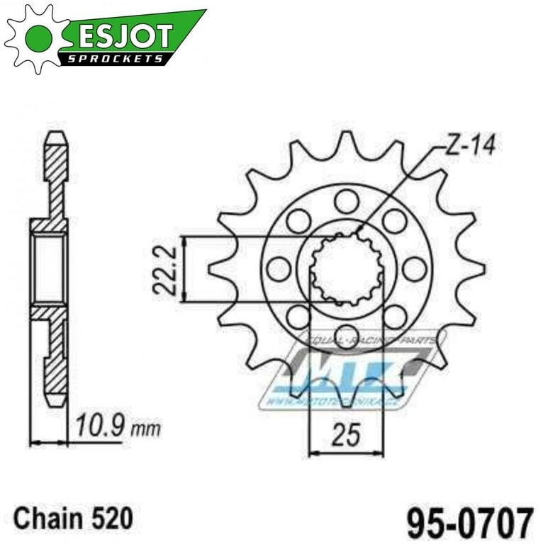 Obrázek produktu Kolečko řetězové (pastorek) 0707-14zubů ESJOT 50-32141-14S - Aprilia 450MXV + 450RXV+550RXV + 450SXV+550SXV + AJP PR7 650 Adventure + SWM SM500R+650RS 95-0707-14-ES