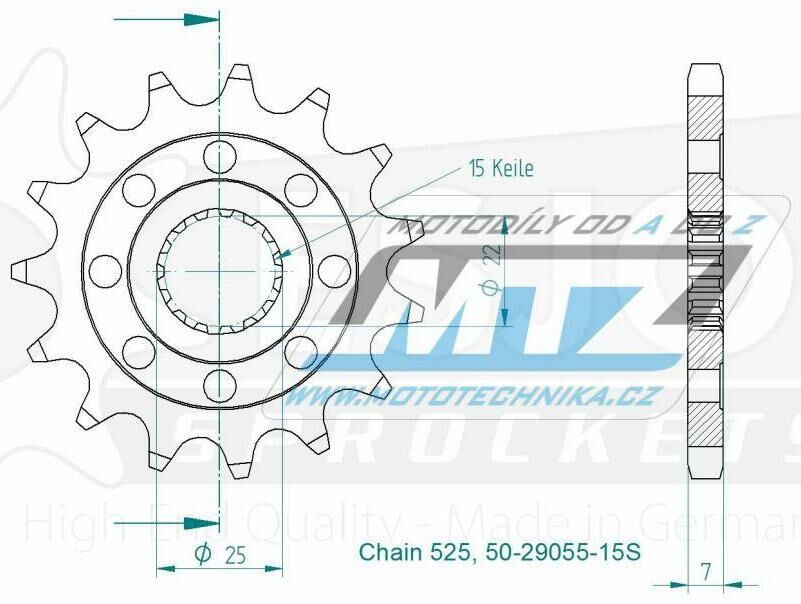 Obrázek produktu Kolečko řetězové (pastorek) 29055-15zubů ESJOT 50-29055-15S - Royal Enfield 411 Himalayan ABS / 16-22 + 650 Interceptor / 19-22 + 650 Continental / 19-22 50-29055-15