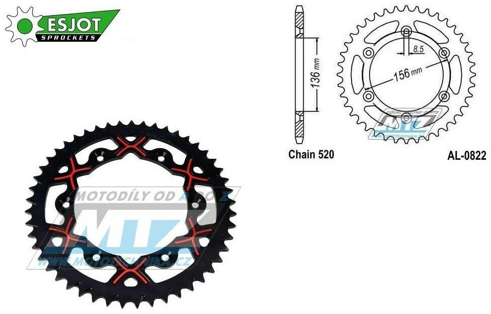 Obrázek produktu Rozeta řetězová (převodník) Dural 0822-49zubů ESJOT 53-32043-49BR - barva červeno-černá - Husqvarna CR+WR+TC+TE+WRE+TXC+SM+SMR + Suzuki DR350+DRZ400 + Cagiva WMX + Gas-Gas EC+ECF+XC+Ranger + Beta RR + AL-0822-49-XR