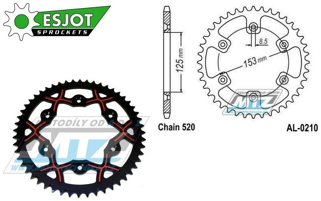 Obrázek produktu Rozeta řetězová (převodník) Dural 0210-52zubů ESJOT 53-32045-52BR - barva černo-červená - Honda CR125+CR250+CR500 + CRF250R+CRF250X+CRF450R+CRF450X+CRF450RX+CRF450L + CRM250+CRF150F + CRF230F / 03-21  AL-0210-52-XR