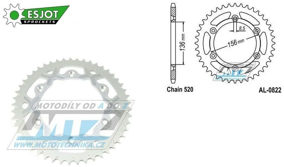 Obrázek produktu Rozeta řetězová (převodník) Dural 0822-49zubů ESJOT 53-32043-49WT - barva stříbrná  - Husqvarna CR+WR+TC+TE+WRE+TXC+SM+SMR + Suzuki DR350+DRZ400 + Cagiva WMX + Gas-Gas EC+ECF+XC+Ranger + Beta RR + She AL-0822-49-WT