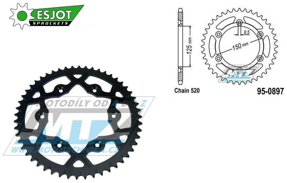 Obrázek produktu Rozeta řetězová (převodník) Dural 0897-52zubů ESJOT 53-32065-52B - barva černá - KTM 125SX+250SXF+ 360EXC+400EXCF+300XC+450XCF+440MX+790 Adventure+620 EGS+690 Duke+125LC2+ 350LC4+525SMR+690SMC + Husab AL-0897-52-XB