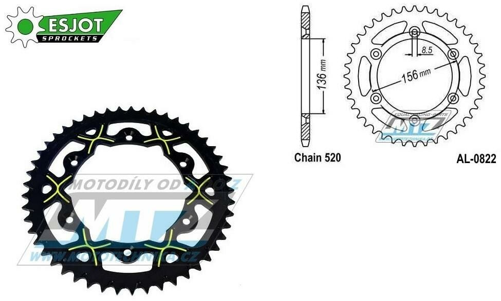 Obrázek produktu Rozeta řetězová (převodník) Dural 0822-50zubů ESJOT 53-32043-50BY - barva žluto-černá - Husqvarna CR+WR+TC+TE+WRE+TXC+SM+SMR + Suzuki DR350+DRZ400 + Cagiva WMX + Gas-Gas EC+ECF+XC+Ranger + Beta RR + S AL-0822-50-XY