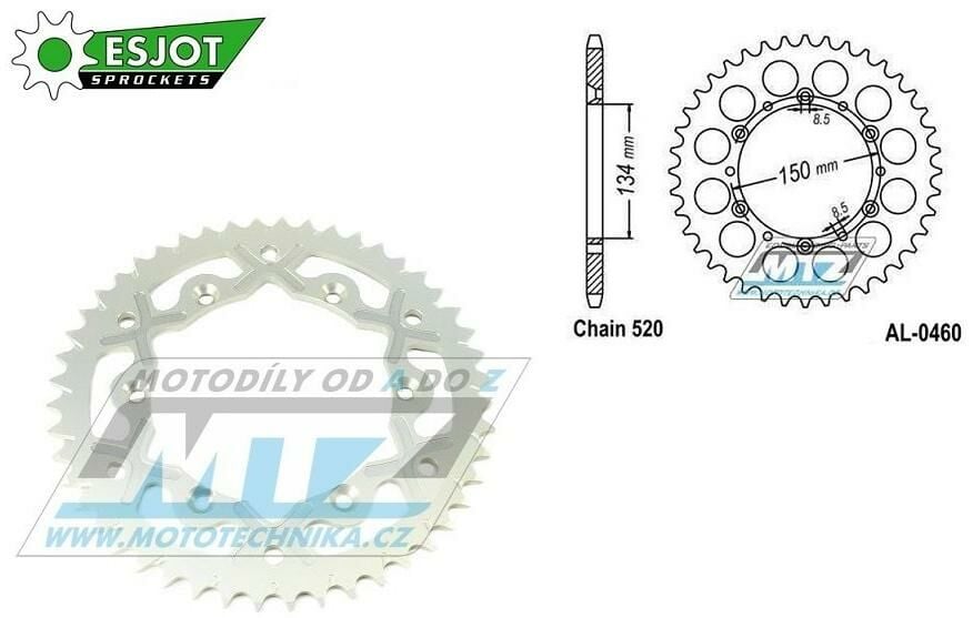 Obrázek produktu Rozeta řetězová (převodník) Dural 0460-49zubů ESJOT - 53-32024-49WT - barva stříbrná - Kawasaki KX125+KX250 +KX500+KXF250+KXF450+KDX175+KDX200+KDX220R+KDX250+KLX250R+KLX250 D-Tracker +KLX250+KLX250SF+ AL-0460-49-WT