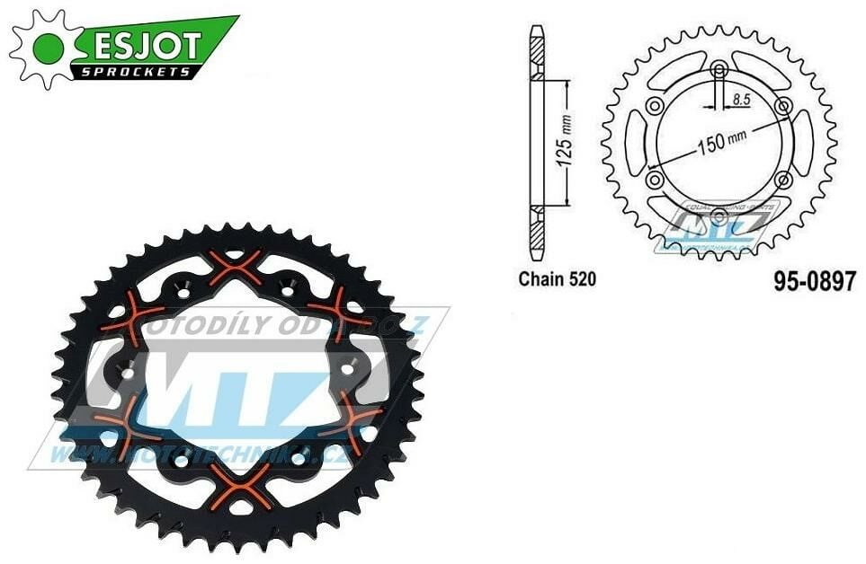 Obrázek produktu Rozeta řetězová (převodník) Dural 0897-52zubů ESJOT 53-32065-52BO - barva oranžova-černá - KTM 125SX+250SXF+ 360EXC+400EXCF+300XC+450XCF+440MX+790 Adventure+620 EGS+690 Duke+125LC2+ 350LC4+525SMR+690S AL-0897-52-XO